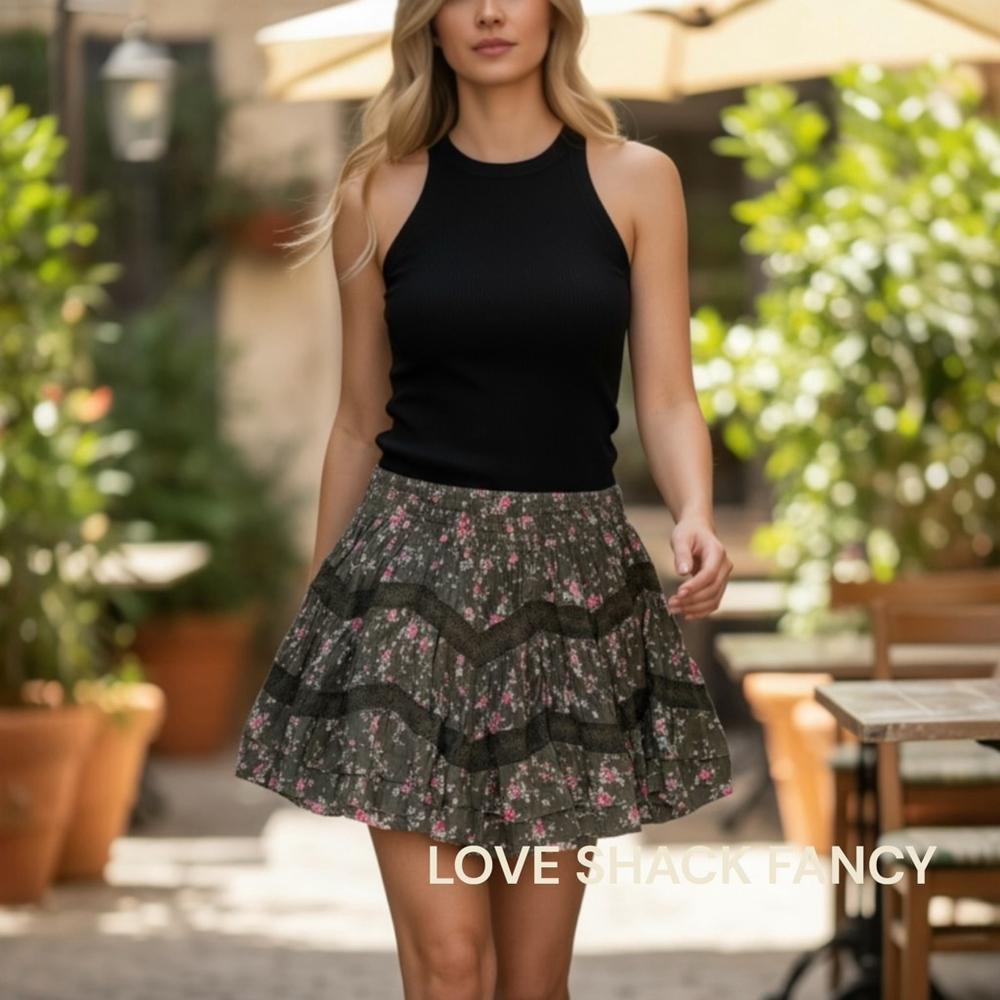 LoveShackFancy Khaki Green Pink Floral Tiered Mini Skirt NEW TAGS XXS